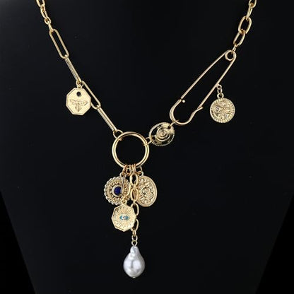 Charm Necklace for Women Gold Evil Eye Sun Moon Flower Coin Pendant Necklace Dainty Paperclip Chain Vintage Luck Amulet Choker Necklaces Celestial Jewelry Gift - style: Evil Eye,Pearl,Blue Bead