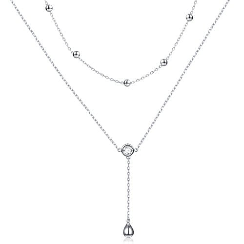 FLYOW Layered Necklace S925 Sterling Silver Y Shaped Jewelry - style: One Round CZ Style