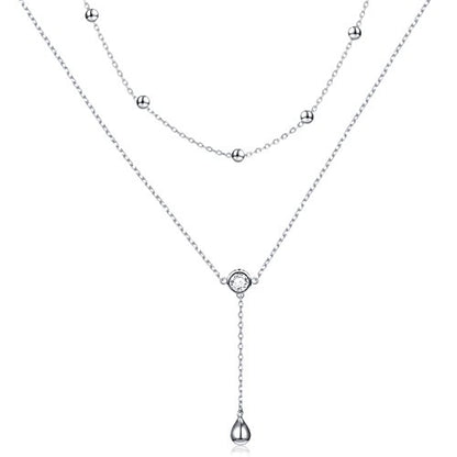 FLYOW Layered Necklace S925 Sterling Silver Y Shaped Jewelry - style: One Round CZ Style