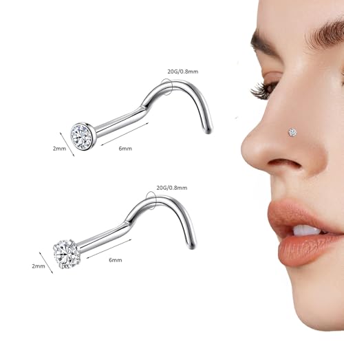 8PCS G23 Titanium Twist Screw Nose Studs 18G 20G Nose Rings 2mm 2.5mm 3mm Clear Pink Purple Aurora CZ Gold Nose Piercing Studs Nostril for Women Men - style: 20g silver clear cz 2mm