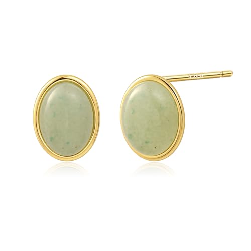 Whatforsh 14k Gold Plated Light Green Jade Oval Stone Stud Geometric Hypoallergenic Earrings for Women