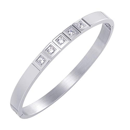 555Jewelry Stainless Steel CZ Cuff Hinged Bangle Bracelet for Men & Women - color: Silver