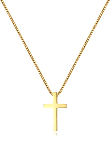 REVEMCN Black Gold Silver Cross Necklace for Boys Stainless Steel Mens Cross Pendant Chain Necklace for Men Women Religious Jewelry Gifts for Boys Girls Chain 16-24 Inches - color: Gold - 0.8'' × 0.5'' cross pendant, size: 18 inches