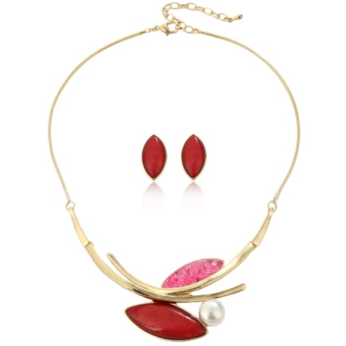 Vintage Statement Jewelry Set - Chunky Flower Floral Plant Geometric Resin Bib Necklace Earring Set Bohemian Boho Crystal Rhinestone Fashion Jewelry for Women Bridal Party Prom Unique Gift - style: MLJS2614-Red