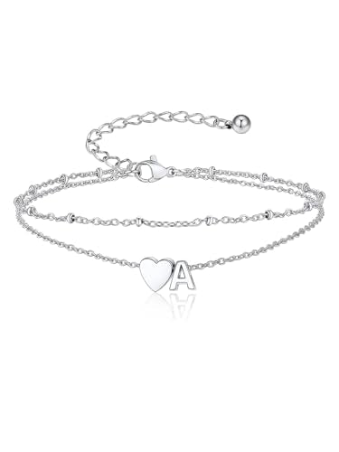 Suplight Initial Ankle Bracelets for Women 14K Gold Plate Waterproof No Tarnish Anklets Layered Heart Letter Anklet Adjustable Plus Size Foot Chain Summer Beach Boho Jewelry Silver Black 8.5-10 Inch - color: Silver, style: 1.A