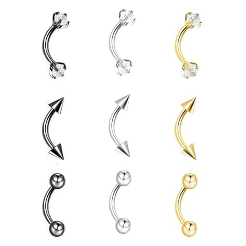 9PCS Gold Eyebrow Piercing Jewelry Titanium, Rook Jewelry Gold Surgical Steel Silver Eyebrow Rings for Women Men CZ Tiny Labret Lip Daith Navel Belly Button Helix Tragus Piercing Jewelry 16G 6mm/8mm/10mm - style: Eyebrow-8mm-9pcs
