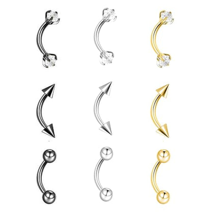 9PCS Gold Eyebrow Piercing Jewelry Titanium, Rook Jewelry Gold Surgical Steel Silver Eyebrow Rings for Women Men CZ Tiny Labret Lip Daith Navel Belly Button Helix Tragus Piercing Jewelry 16G 6mm/8mm/10mm - style: Eyebrow-8mm-9pcs