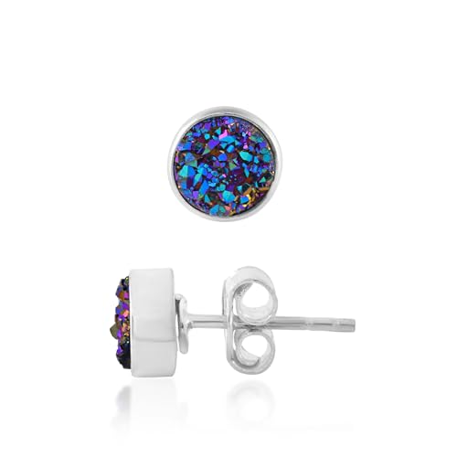 5 MM Natural Gemstone 925 Sterling Silver Hypoallergenic Studs Earrings Jewelry for Women Dainty Trendy Antiqued Silver Birthstone Earrings Jewelry Gifts for Women and Her - color: Blue Druzy
