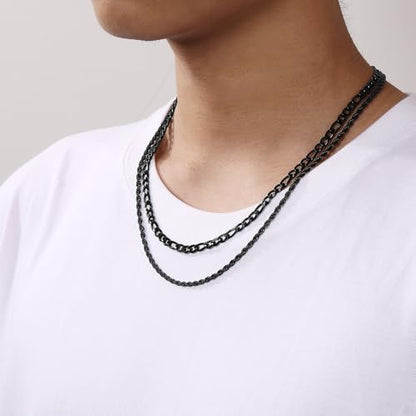 Layered Stainless Steel Chain Necklaces for Men Boys, 2Pcs Cuban Link/Rope/Herringbone Chains Jewelry Gifts, 16 "/18 ", 18 "/20 ", 20 "/22 ", 22 "/24 " - color: Black, size: 22IN/24IN, style: Figaro/ Rope Chain Set