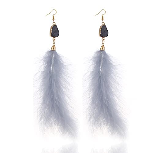 Long Natural Feather Tassel Drop Dangle Earrings Pheasant Feathers Peacock for Women Bohemian Handmade Lightweight Jewelry - color: Grey