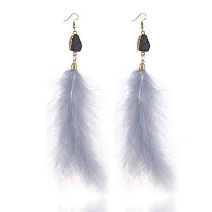 Long Natural Feather Tassel Drop Dangle Earrings Pheasant Feathers Peacock for Women Bohemian Handmade Lightweight Jewelry - color: Grey