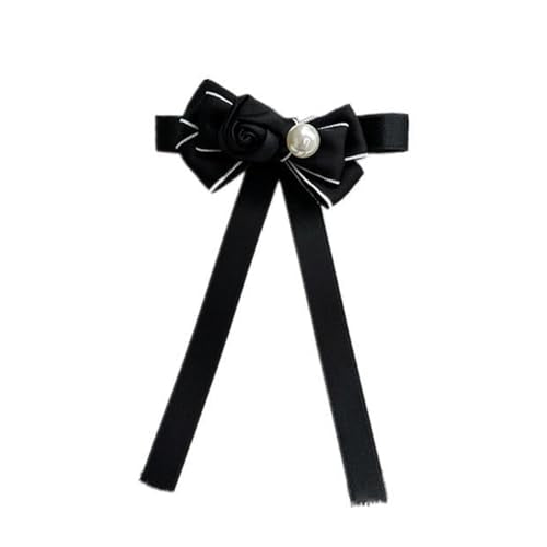 Vintage Camellia Pearls Brooch for Women, Ribbon Bows Tie Pin Elegant Preppy Uniform Pre Tied Bowknot Corsage Shirt Jabot Collar Necktie - color: Black