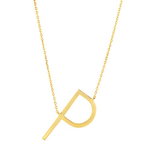 MAX + STONE 14k Gold Plated Sterling Silver Large Sideways Block Initial Letter Pendant Necklace for Woman with 16 Inches to 18 Inches Adjustable Chain and Spring Ring Clasp - style: Letter P