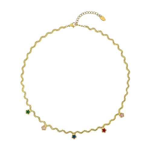 Hipunk Women Gold Plated Stainless Steel Wave Rope Chain Collar Necklace with Colorful Zirconia Flower Heart Charms Choker, Adjustable 16+2 Inch - color: flower