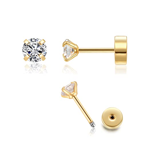 Renkovte Flat Back Screw Back CZ Stud Earrings, Small Cubic Zirconia Stud Earrings for Helix Cartilage Tragus Earlobe Piercing for Women (2mm 3mm 4mm Gold Color) - size: 5.0mm CZ