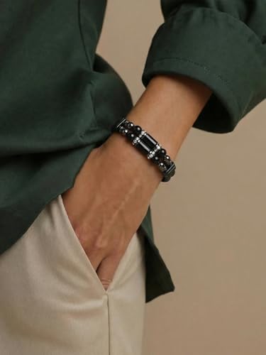 Mens Leather Turquoise/Tiger Eye/Obsidian/Lava Stone Bracelet–Braided Multi‑Layer Wristband Cuff Bangle Barcelet–Jewelry Box and Pouch Packing - color: Obsidian Stone, size: 8.3in(Fits most wrists)