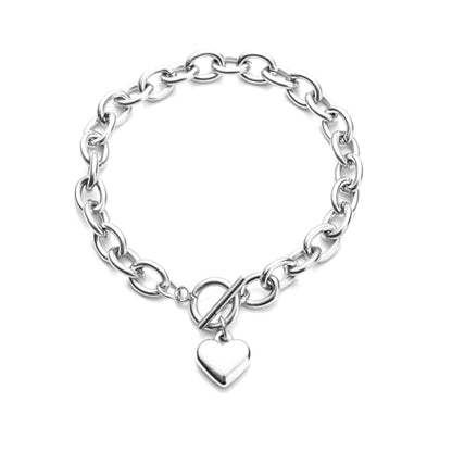 14K Gold Silver Tone Women’s Heart Charm Bracelets Toggle Clasp Stainless Steel Link Bracelet Minimalist Jewelry 7.5” - color: polish heart-white