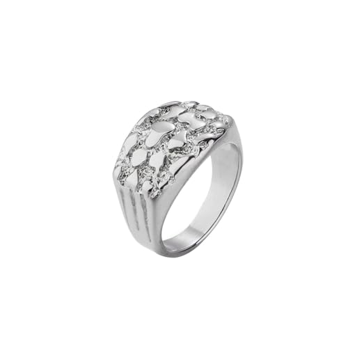 18K Gold Plated Chunky Nugget Rings for Women Stainless Steel Ring Gift Box - color: Silver