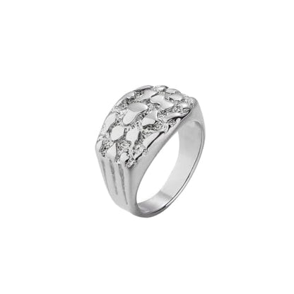 18K Gold Plated Chunky Nugget Rings for Women Stainless Steel Ring Gift Box - color: Silver