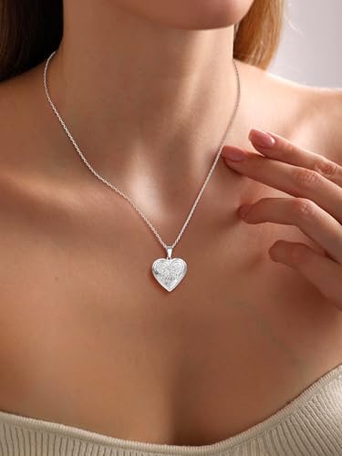 U7 Women Locket Necklace, Heart Photo Lockets Hold Picture, Gift Box Packed | Gold/Silver/Rose Locket Charm, Custom Picture and Engravement Heart Pendant, 20" Chain, Personalized Gift for Mom Wife Friend - color: 02# Platinum*Flower Grain