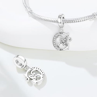 2 Pack 925 Sterling Silver Butterfly Letter Charms for Bracelets and Necklace Alphabet Initial Dangle Pendants Round Spacer Beads Pave Cubic Zirconia Jewelry Gift for Women - color: C Set