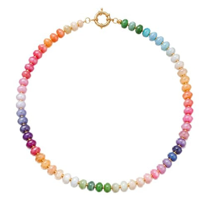 AMOREA Colorful Natural Gemstone Choker Necklace for Women, 5x8mm Genuine Stone Beads, Gold Accent Collarbone Necklace, Summer Vacation Jewelry - color: Sunset Candy