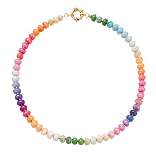 AMOREA Colorful Natural Gemstone Choker Necklace for Women, 5x8mm Genuine Stone Beads, Gold Accent Collarbone Necklace, Summer Vacation Jewelry - color: Sunset Candy