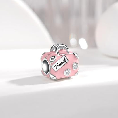 925 Sterling Silver Charms fits Bracelets and Necklace Pendant Bead Charms Jewelry Gift for Women Family Friends - style: I Love Travel Suitcase Pink Charm