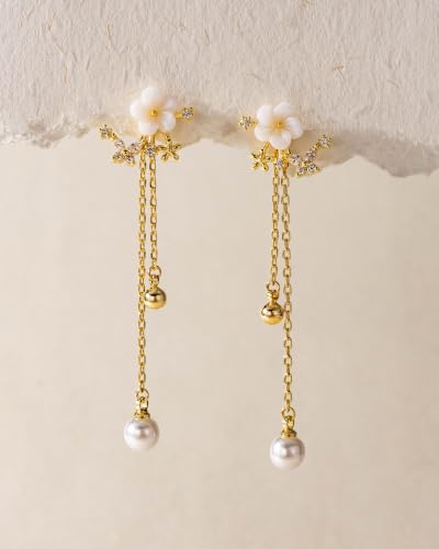 14K Gold Plated/Sterling Silver CZ Pearl Drop Dangle Earrings for Women - color: Silver-Flower Pearl CZ