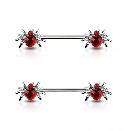 Pierced Owl 14GA 316L Stainless Steel CZ Crystal Heart Spider Ends Nipple Barbells, Sold as a Pair - style: Silver Tone