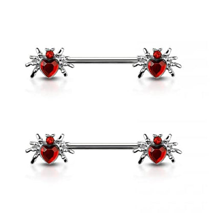 Pierced Owl 14GA 316L Stainless Steel CZ Crystal Heart Spider Ends Nipple Barbells, Sold as a Pair - style: Silver Tone
