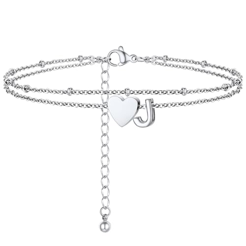 Initial Ankle Bracelets for Women, Dainty Stainless Steel Letter A-Z Layered Anklets, Heart Ankle Bracelet 8.5"-10.5" Adjustable, Summer Beach Jewelry, Come with Box - color: Silver, size: J