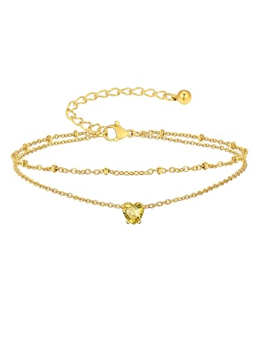 Suplight Gold Plated Butterfly Anklets for Women Waterproof, Layered Boho Ankle Bracelet with Birthstone, Stainless Steel Adjustable Non-Tarnish Heart Foot Jewelry Beach Vacation - color: 11. Heart-Nov. Yellow Topaz