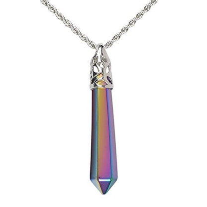 Justinstones Hexagonal Pointed Reiki Chakra Pendant Stainless Steel Chain Necklace 20 Inch Iron Gift Box - color: Rainbow Hematite