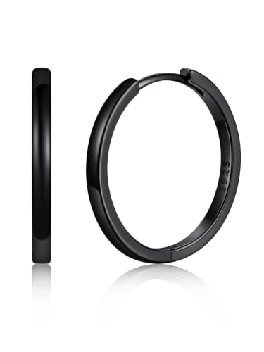 925 Sterling Silver Huggie Hoop Earrings, Small Silver Hoop Earrings for Women Hypoallergenic Huggie Lightweight Small Hoops Earring Cartilage Sleeper Earrings 6/8/10/12/14/16/18/20mm - color: Black, size: 20MM