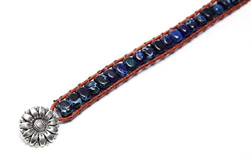 7 Chakra Bracelet Bohemian Handmade Leather Wrap Healing Protection Natural Stone Yoga Beaded Bracelets Boho Friendship Jewelry - color: Navy Blue Turquoise