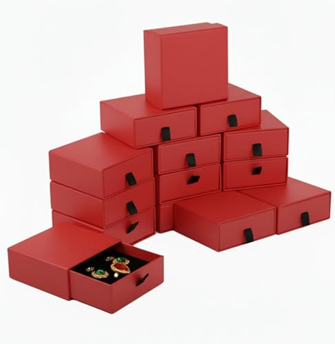 Jewelry Gift Box Velvet-Lined, 12 Pack Compact Drawer Style for Earrings & Rings, Necklace & Bracelet Organizer, Stackable Jewelry Display & Storage Box, Elegant Jewelry Storage (Red) - color: Red