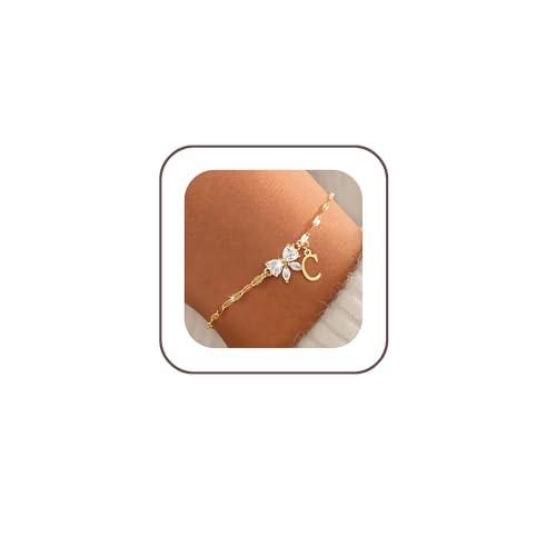 Gold Initial Bracelet for Women Teen Girls 14k Gold Plated Dainty Butterfly Charm Letter Bracelet for Birthday Jewelry Gifts - color: Gold-C
