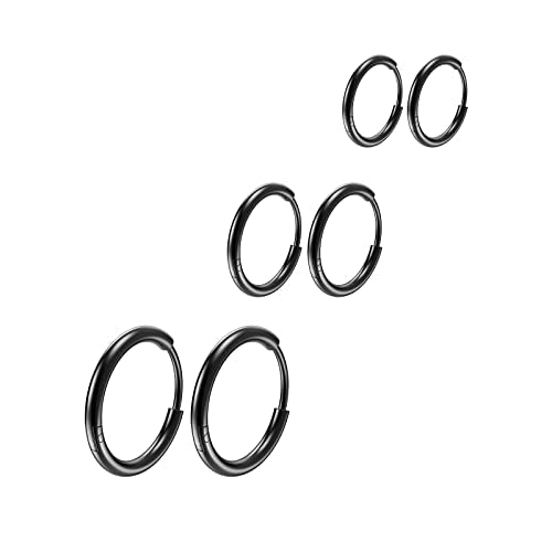 Osayia 316L Surgical Stainless Steel Small Hoop Earrings 8mm 10mm 12mm Hypoallergenic Huggie Thin Hoop Earrings Helix Lobes Hinged Sleeper Earrings Men Women for Cartilage Piercings - color: F: Black (Diameter 8mm/10mm/12mm),3 Pairs