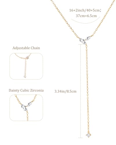 14k Gold Plated Y-Shaped Lariat Necklace for Women Dainty Cubic Zirconia Long Drop Necklace Elegant Jewelry Gifts for Prom Vacation
