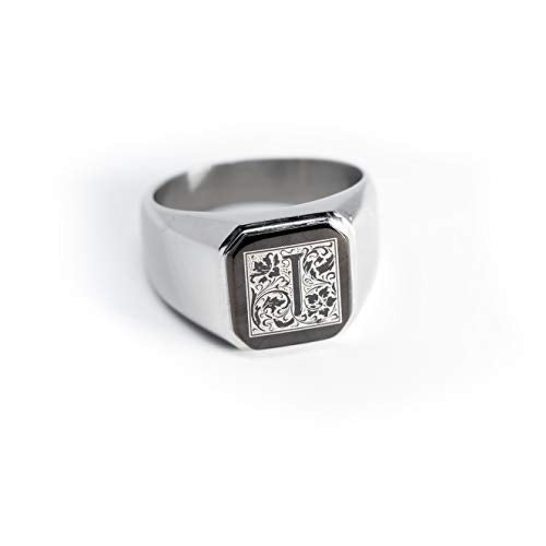 Jewelry | Stainless Steel Letter Alphabet Initial Ring | Square Flat Top Ring for Men & Women | Stainless Steel Jewelry, (Black, Gold, Silver), Size 7-16 - color: Silver, size: 9.5, style: Letter J