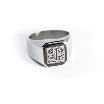 Jewelry | Stainless Steel Letter Alphabet Initial Ring | Square Flat Top Ring for Men & Women | Stainless Steel Jewelry, (Black, Gold, Silver), Size 7-16 - color: Silver, size: 9.5, style: Letter J