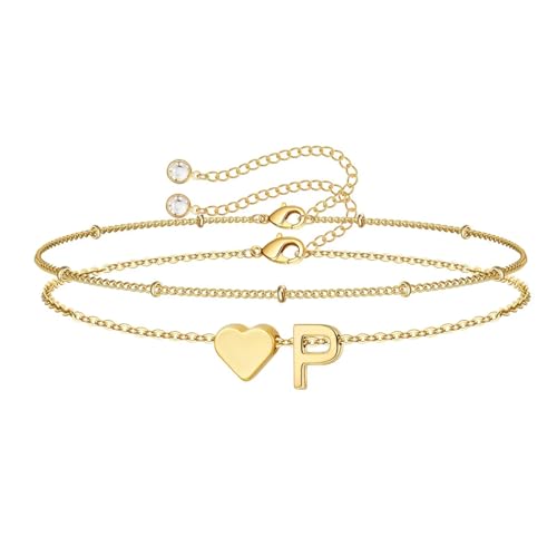 M MOOHAM Initial Bracelets for Women Teen Girls - Heart Letter A-Z Bracelet | Dainty 14K Gold Plated Jewelry, Heart Initial Bracelet, Bracelets for Women Girls Trendy, Birthday Gifts for Women Girls Her - color: Gold - P