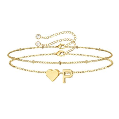 M MOOHAM Initial Bracelets for Women Teen Girls - Heart Letter A-Z Bracelet | Dainty 14K Gold Plated Jewelry, Heart Initial Bracelet, Bracelets for Women Girls Trendy, Birthday Gifts for Women Girls Her - color: Gold - P