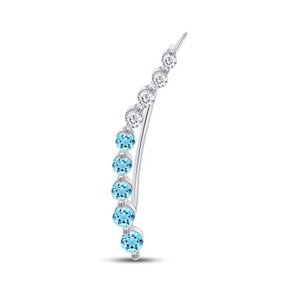 One Piece Right Ear Climber Earring for Women With Birthstone And White CZ | Floating Curved Bar Ear Crawler In 14K Gold Over Sterling Silver Jewelry for Her - color: Simulated Aquamarine