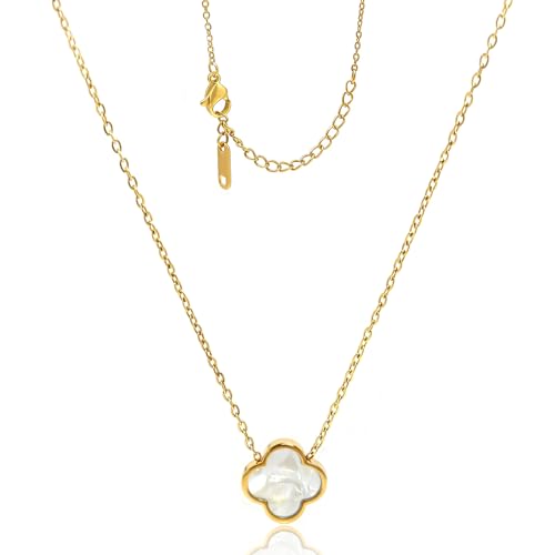 Four Leaf Clover Necklace 18K Gold Plated Necklaces for Women Lucky Flower Pendant Adjustable Link Chain Stainless Steel Dainty Trendy Simple Jewelry Gifts for Women - color: 1G-White