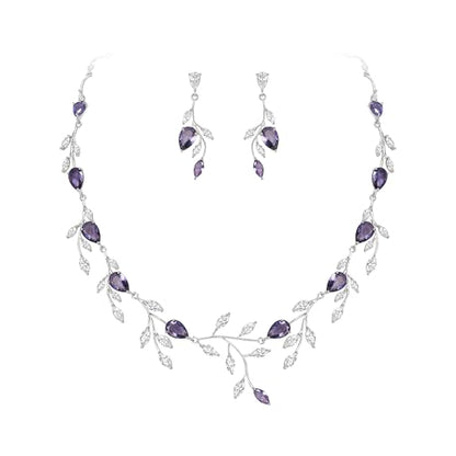 Cubic Zirconia Leaf Vine Wedding Jewelry Set for Bride Women Bridesmaid | Pear-Shaped Birthstone, Necklace Dangle Earrings for Bridesmaid, Silver-Plated-Brass - color: 2pcs_Purple