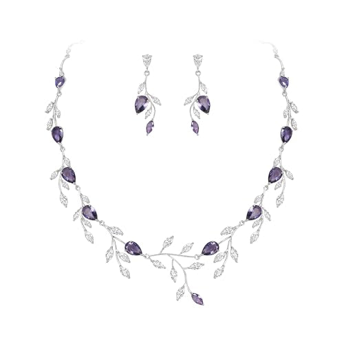 Cubic Zirconia Leaf Vine Wedding Jewelry Set for Bride Women Bridesmaid | Pear-Shaped Birthstone, Necklace Dangle Earrings for Bridesmaid, Silver-Plated-Brass - color: 2pcs_Purple