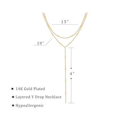 Lariat Gold Necklace for Women, Dainty Long Necklace 14k Gold Plated/Silver Y-Shaped Pendant Necklace Trendy Layered Cz Beaded Chain Drop Necklaces Simple Gold Jewelry for Women Gift - style: LC-2NK-22205-GDW