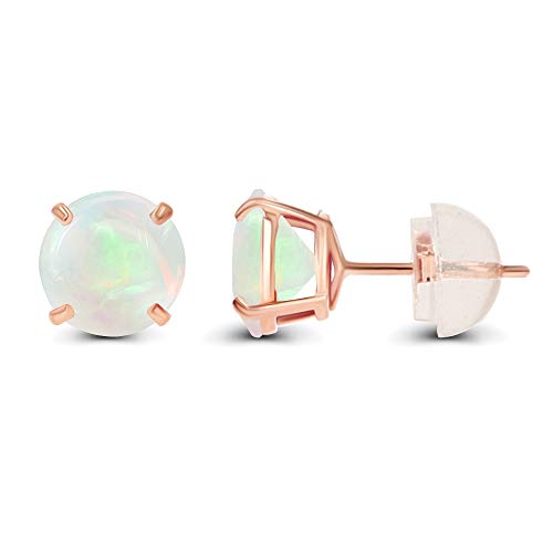 Solid 14K Yellow or White or Rose Gold 6mm Round Genuine Birthstone Gemstone Prong Set Stud Earrings For Women - color: Opal Genuine